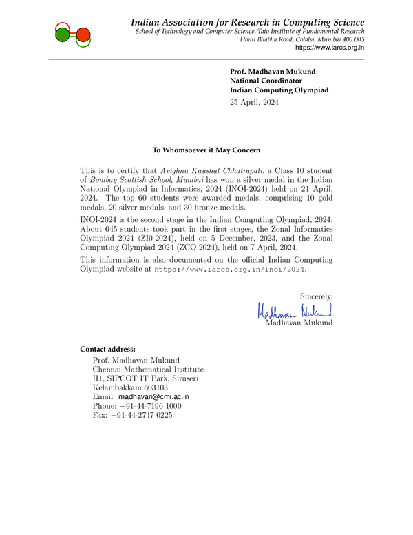 INOI 2024 Medal Certificate