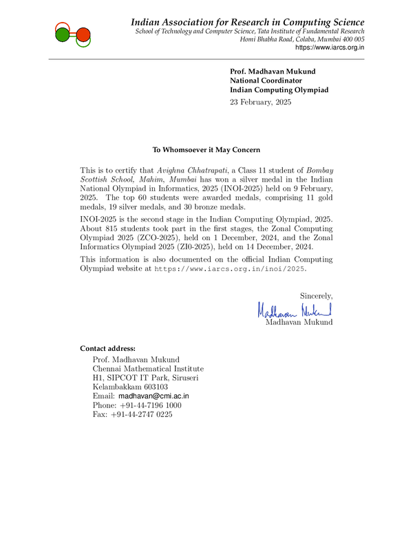 INOI 2025 Medal Certificate